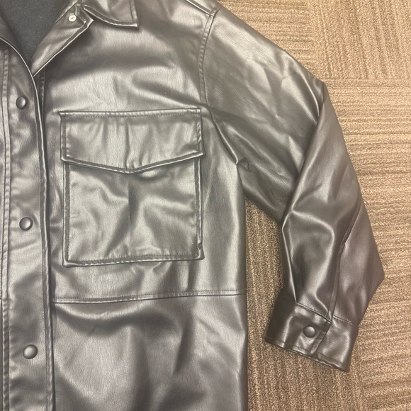 Zara Black Leather Jacket Oversized Shacket With Front Pockets Collared Buttons - Picture 4 of 14